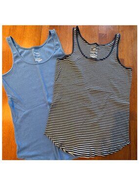 Sonoma Tank Tops Womens Size L Sleeveless Top Striped and Solid Blue 2 Tops EUC